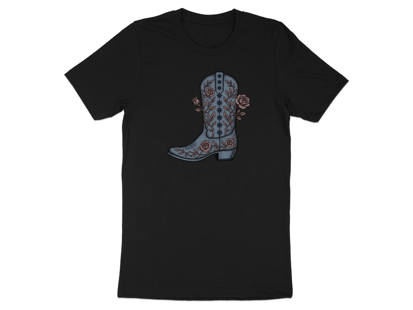 Black t-shirt with a graphic of a cowboy boot adorned with roses.