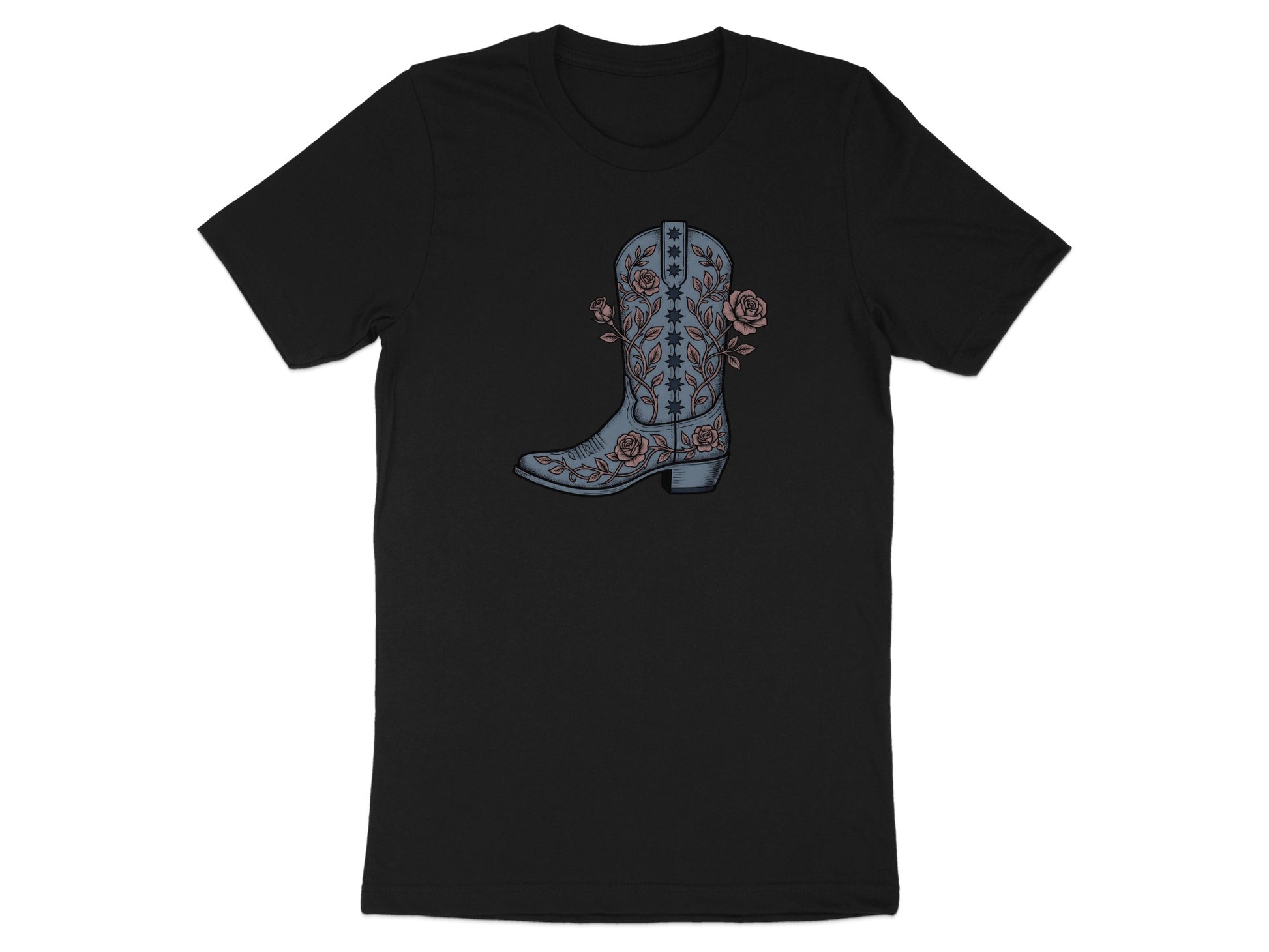 Black t-shirt with a graphic of a cowboy boot adorned with roses.