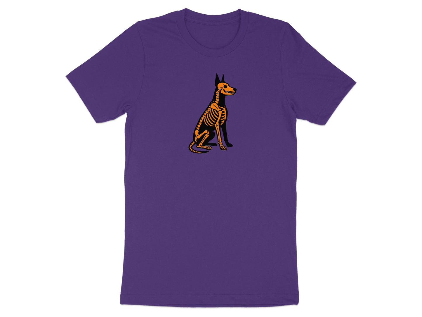 Purple t-shirt with black dog skeleton graphic in orange and black.