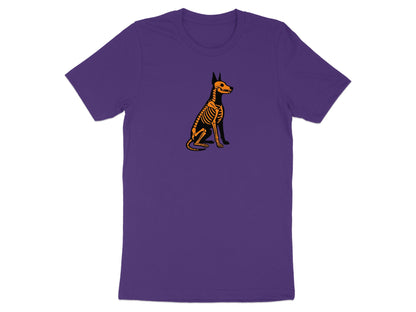 Purple t-shirt with black dog skeleton graphic in orange and black.