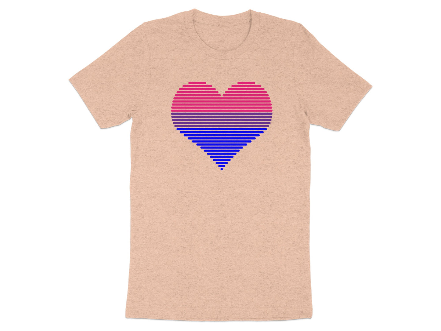 Bisexual pride heart graphic on a heathered peach t-shirt.