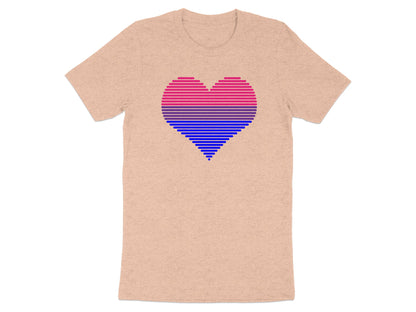 Bisexual pride heart graphic on a heathered peach t-shirt.