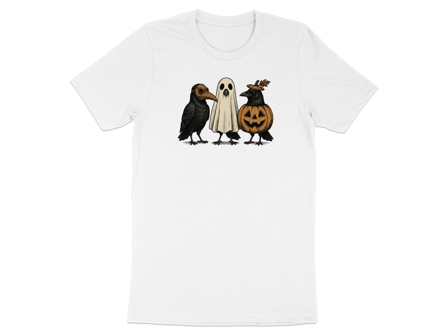 Three Halloween-themed birds: a plague doctor crow, a ghost, and a pumpkin crow.