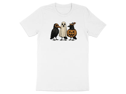 Three Halloween-themed birds: a plague doctor crow, a ghost, and a pumpkin crow.