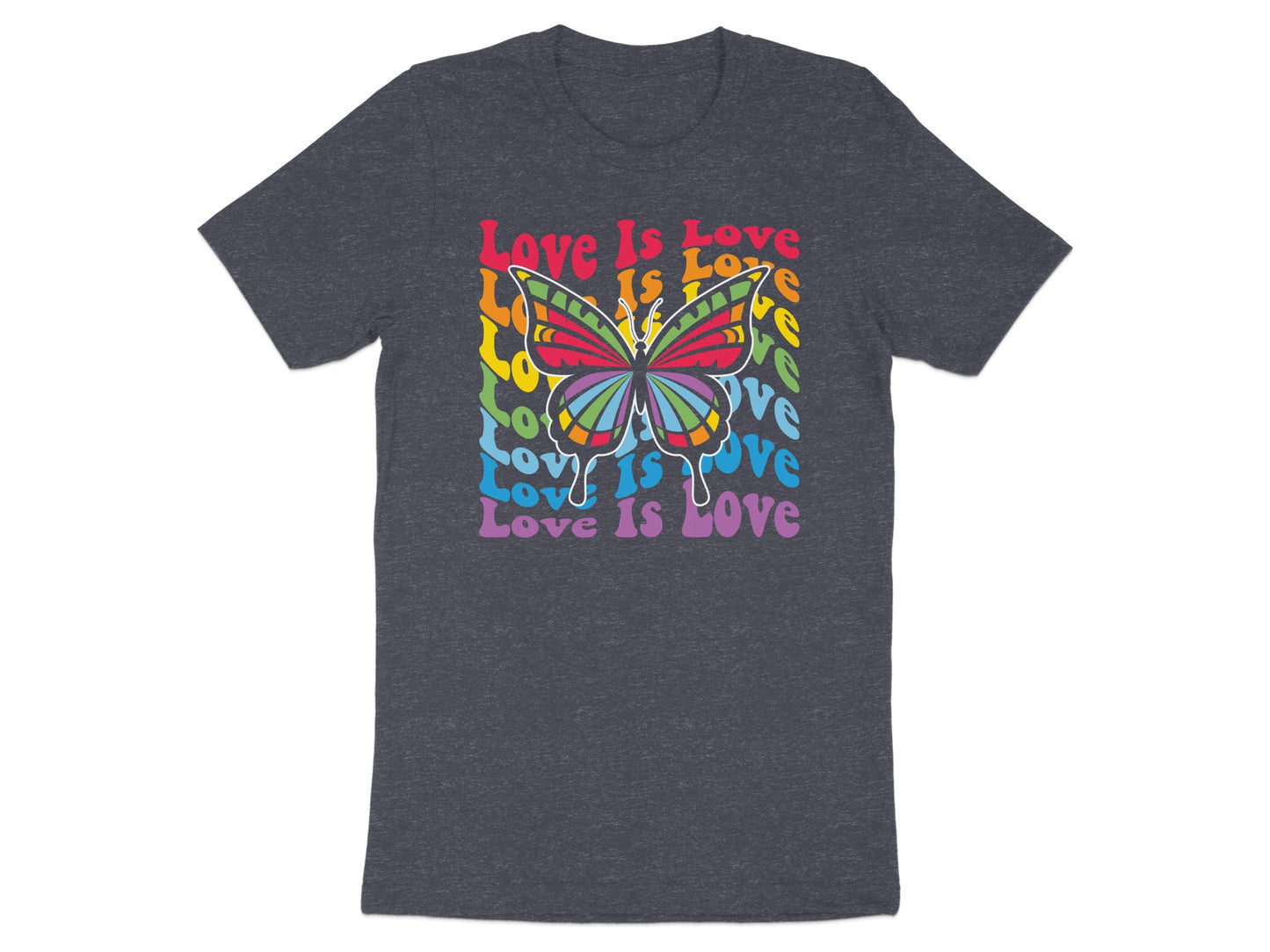 Dark gray t-shirt with a rainbow butterfly and "Love Is Love" text.