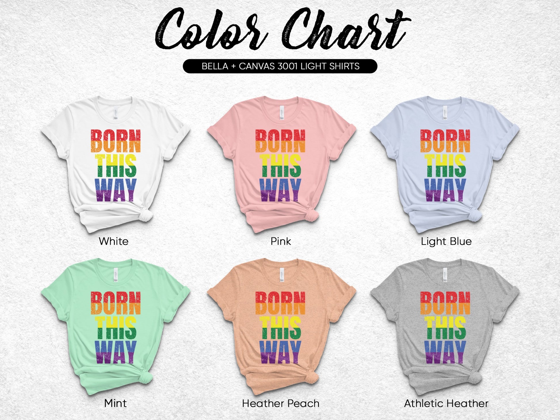 Color chart for Bella + Canvas 3001 light shirts showing six different colors.