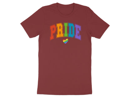 Maroon t-shirt with "PRIDE" in rainbow letters and a rainbow heart.