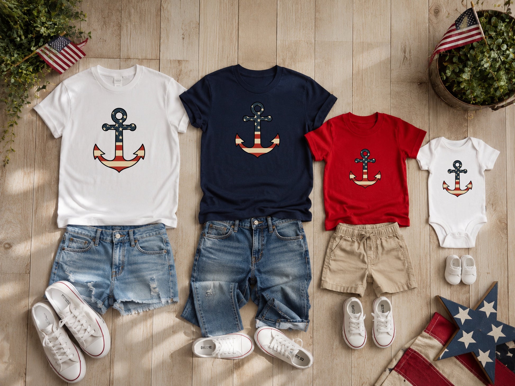 T-shirts and outfits with anchor designs and American flags.