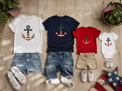 T-shirts and outfits with anchor designs and American flags.