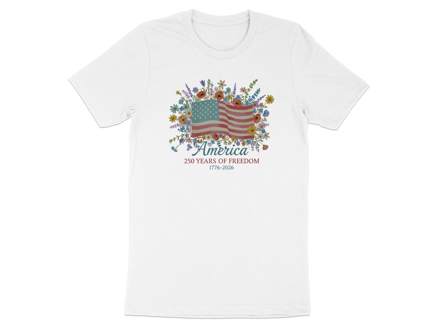White t-shirt with "America 250 Years of Freedom 1776-2026" and floral American flag graphic.