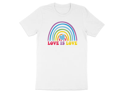 White t-shirt with rainbow design and "LOVE IS LOVE" text.