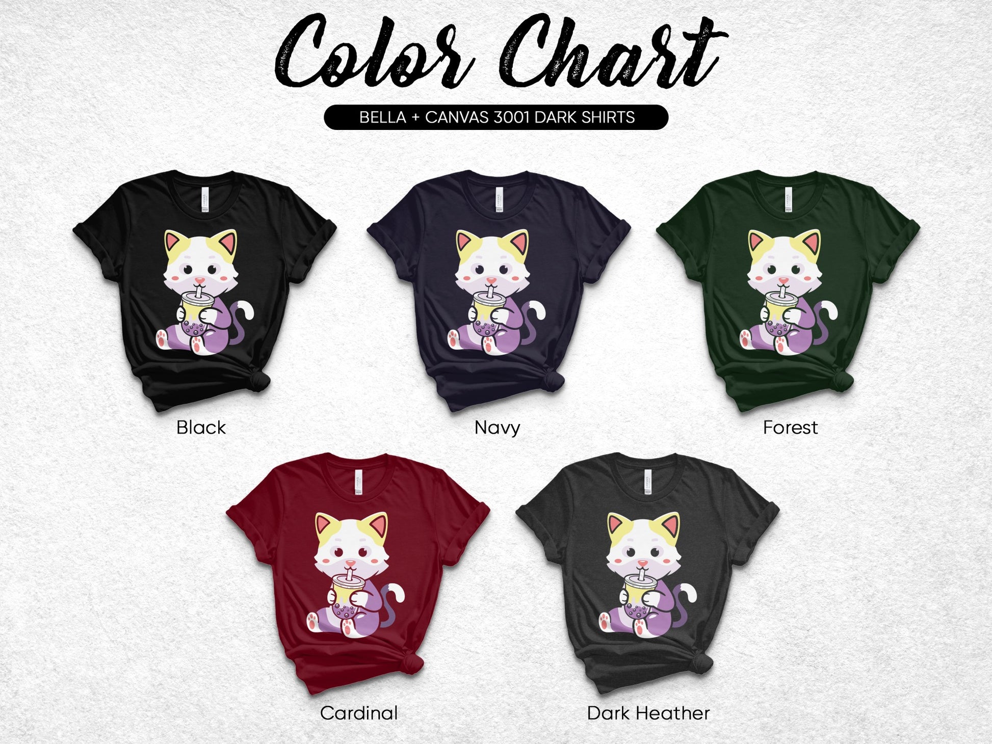 Color chart for Bella + Canvas 3001 dark t-shirts showing five color options.