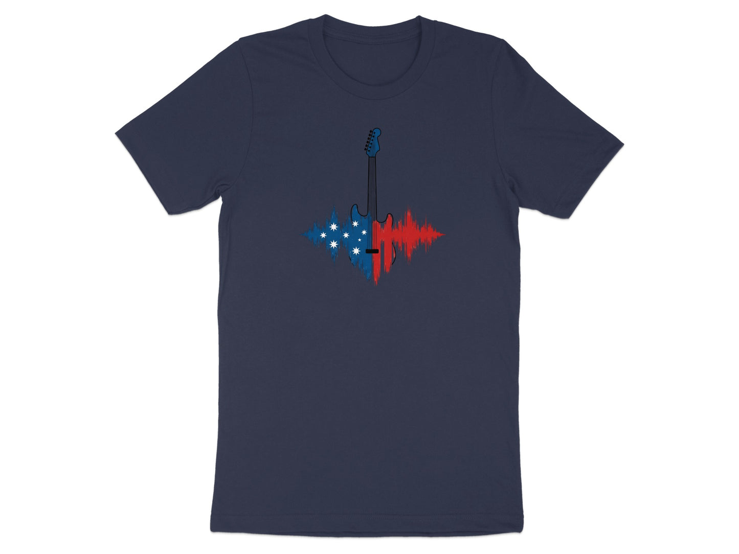 Navy t-shirt with a red and blue electric guitar graphic showing a sound wave.