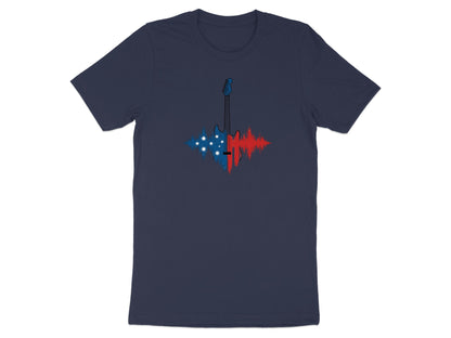 Navy t-shirt with a red and blue electric guitar graphic showing a sound wave.