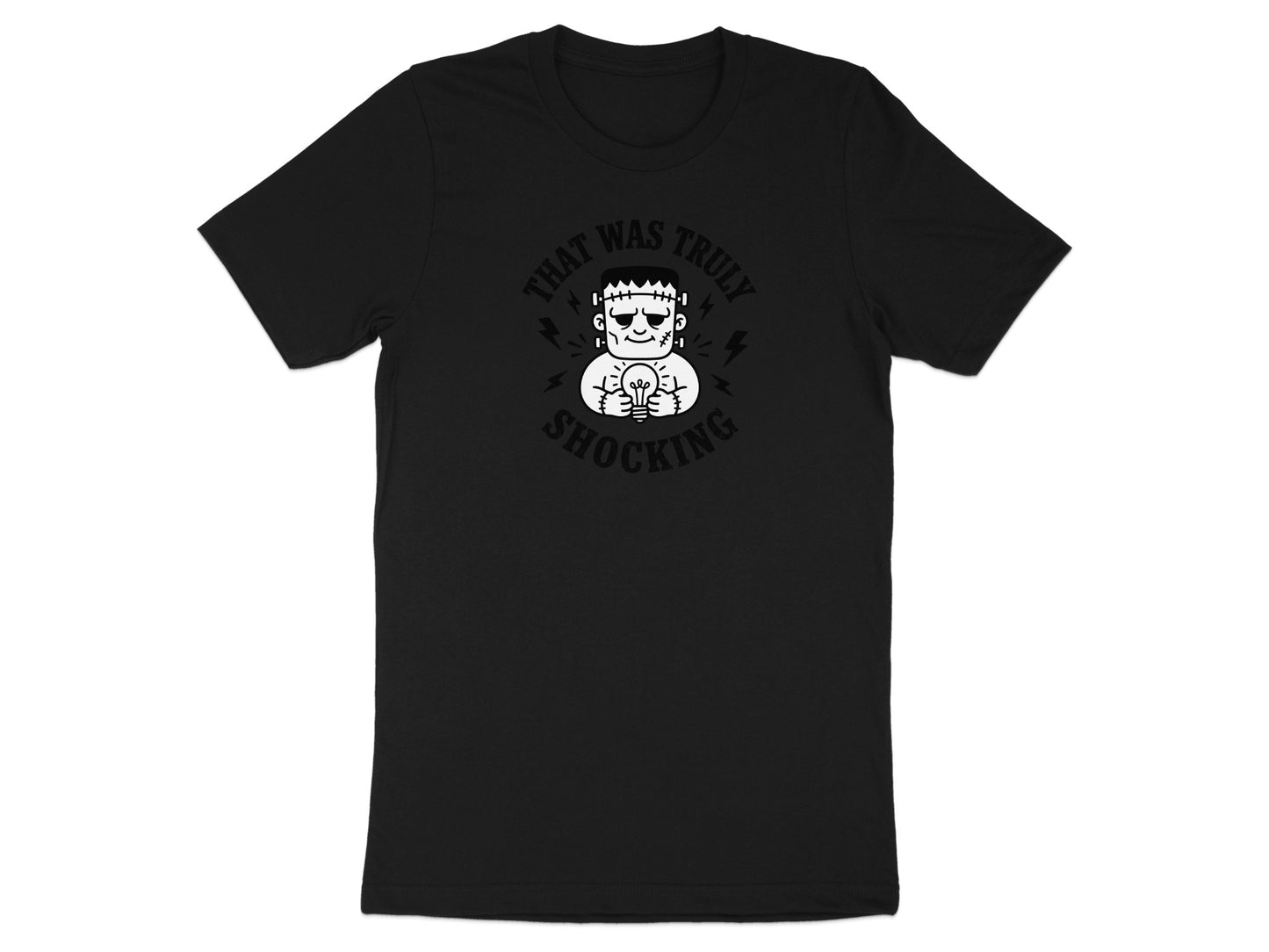 Black t-shirt with Frankenstein character design and text.