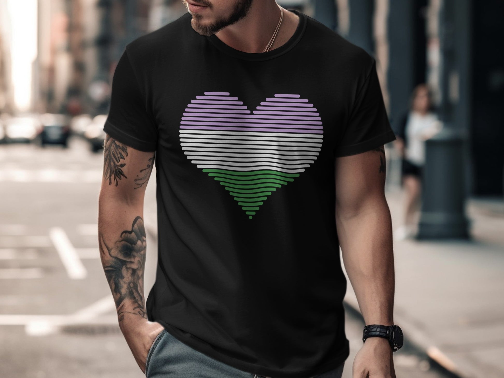 Black t-shirt with a heart in pastel purple, green, and white stripes.