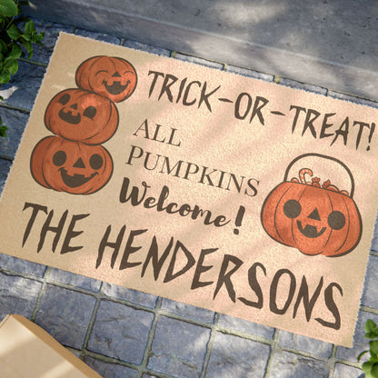 Personalized Trick or Treat All Pumpkins Welcome Halloween Door Mat