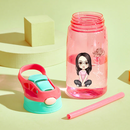 Personalized Cartoon Birth Flower 16oz Water Bottle Gift for Kids or Adults