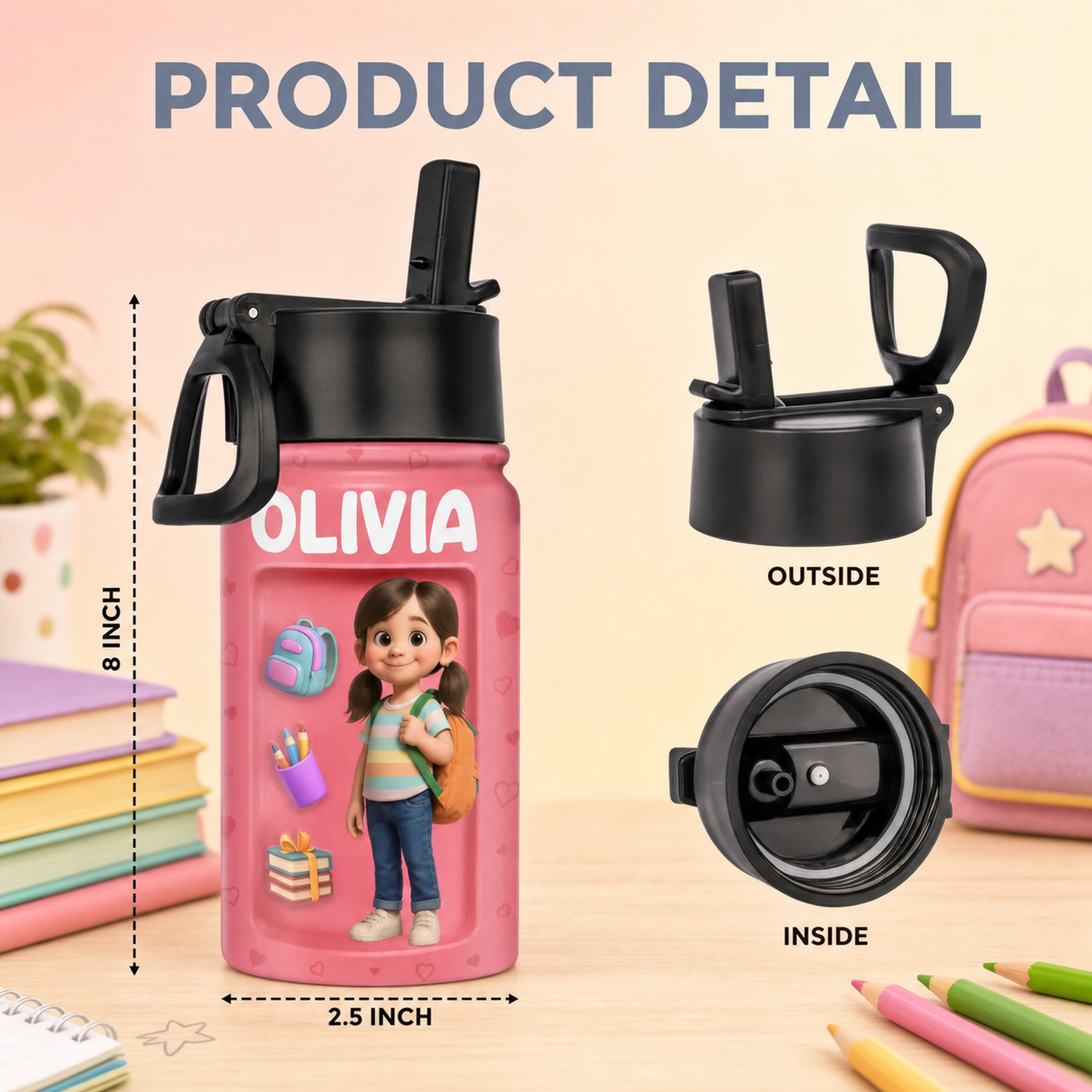 Personalized Kids Water Bottle with Custom 3D Puffy Photo Effect