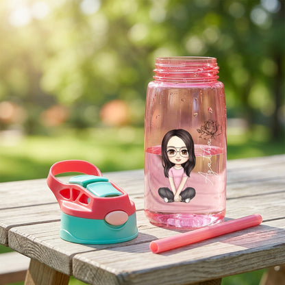 Personalized Cartoon and Birth Flower Water Bottle