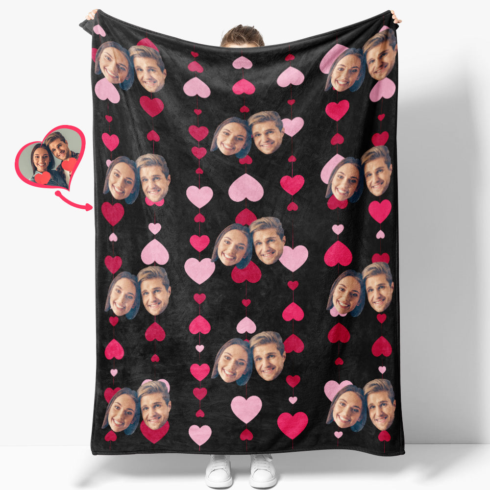 Personalized Photo Couple's Faces and Hearts Blanket