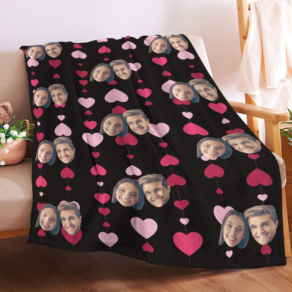 Personalized Photo Couple's Faces and Hearts Blanket