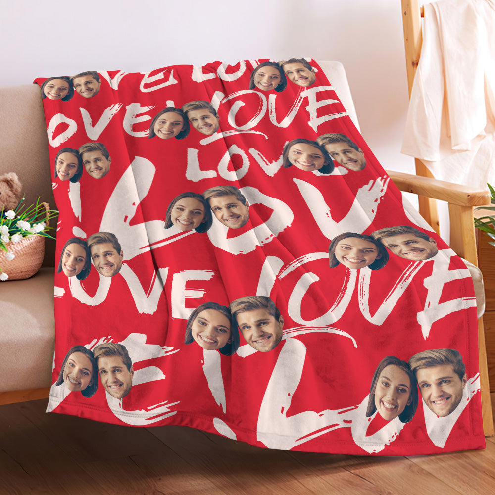 Personalized Photo Couple's Faces and Hearts Blanket