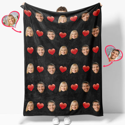 Personalized Photo Couple's Faces and Hearts Blanket