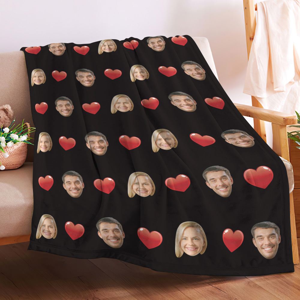 Personalized Photo Couple's Faces and Hearts Blanket