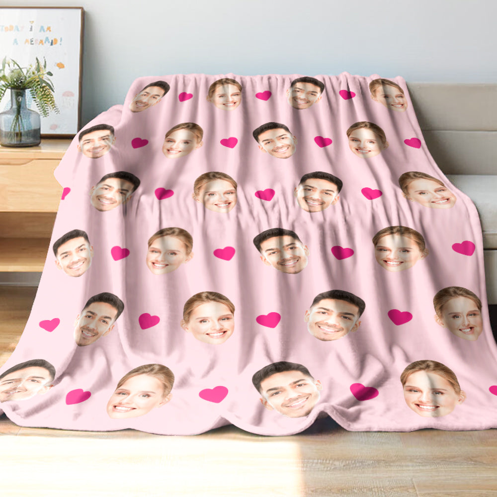 306654033991434240aPersonalized Photo Couple's Faces and Hearts Blanket