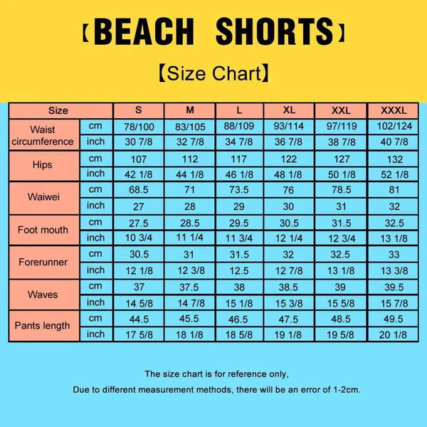 Beach Shorts Size Chart