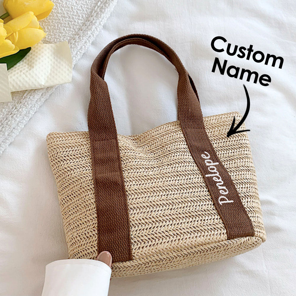 Beach Straw Bag with Personalized Name Brown