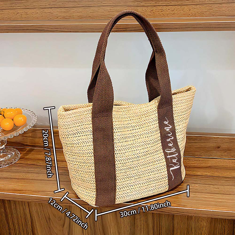 Beach Straw Bag with Personalized Name Brown with Measurements