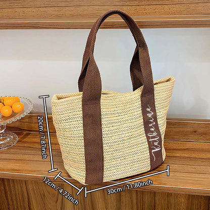 Beach Straw Bag with Personalized Name Brown with Measurements