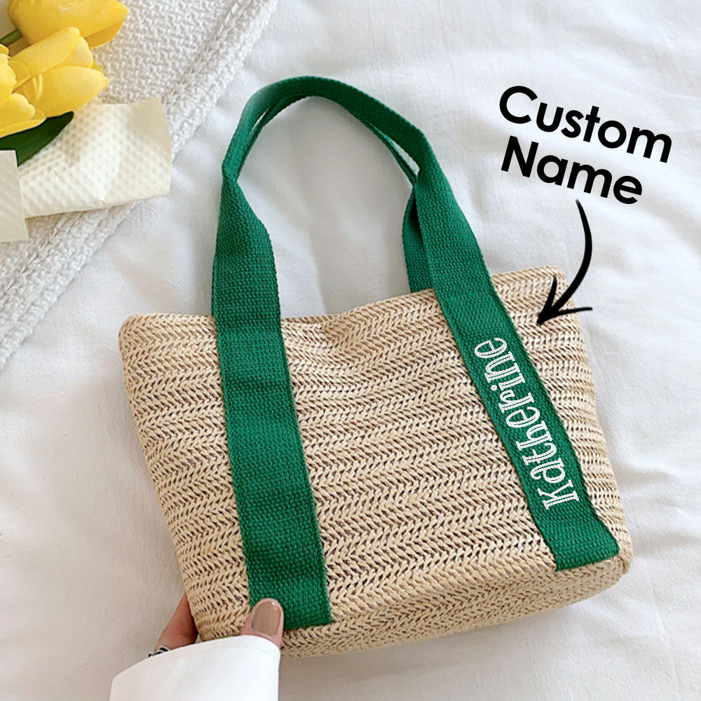Beach Straw Bag with Personalized Name Green