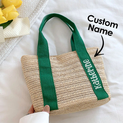 Beach Straw Bag with Personalized Name Green