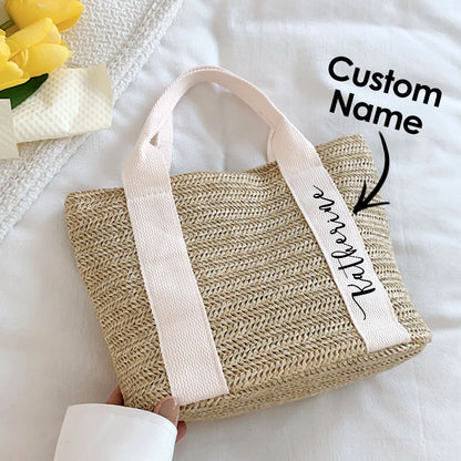 Beach Straw Bag with Personalized Name White