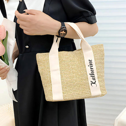 Beach Straw Bag with Personalized Name White Context