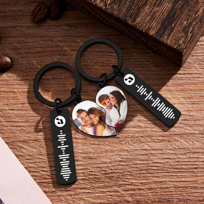 Black Connecting Heart Song Code & Photo Pair of Keychains