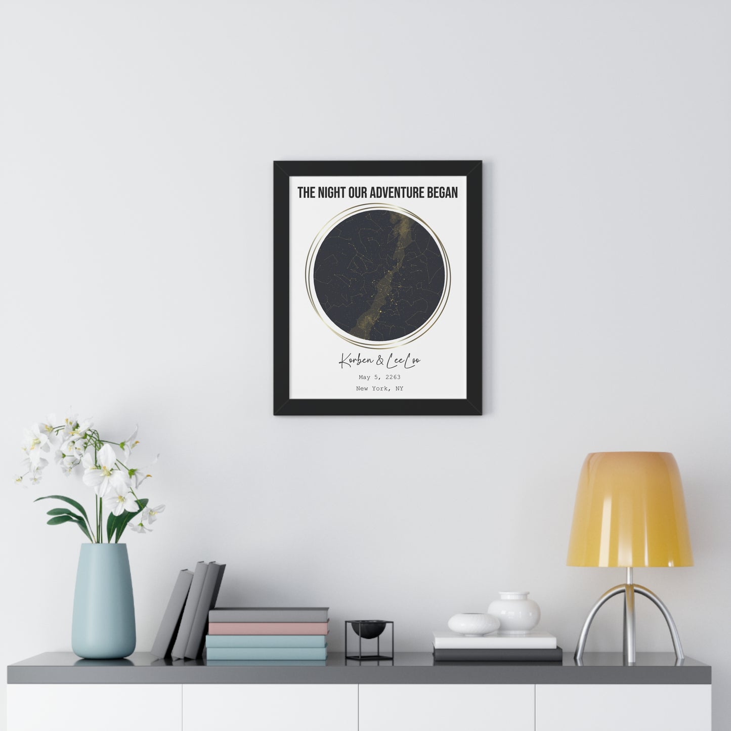 Black & Gold Personalized Star Map with Frame