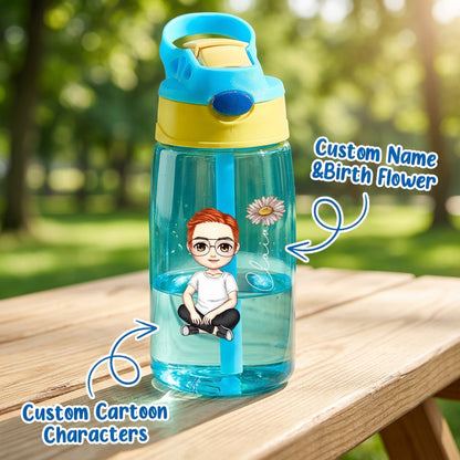 Personalized Cartoon and Birth Flower Water Bottle