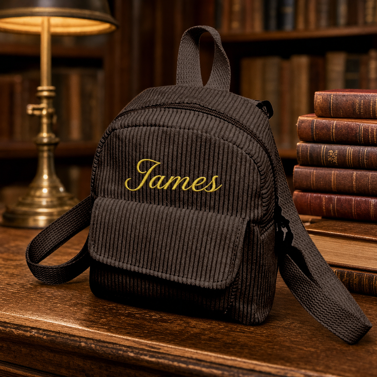 A dark brown corduroy mini backpack with the name 'James' embroidered in gold script on the front pocket, displayed on a wooden table next to a stack of vintage books and a lit table lamp.