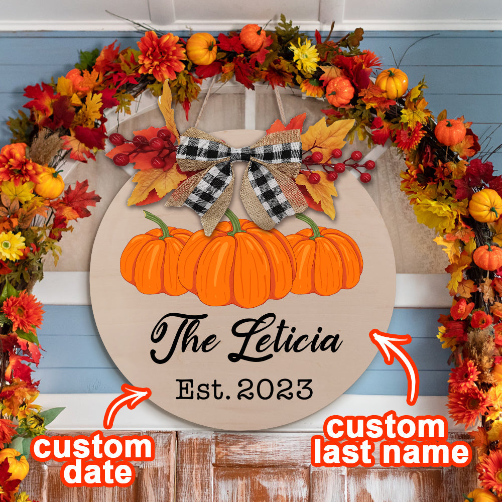 Personalized Wooden Last Name Sign Fall Pumpkin Welcome Door Sign Farmhouse Style Door Hanger Home Decor Gifts