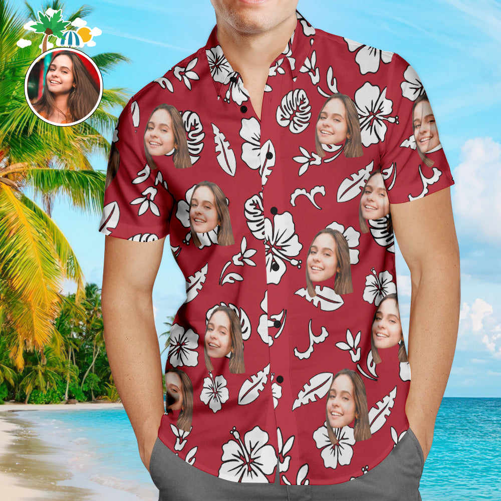 Red Hibiscus Hawaiian Shirt with Personalized Face & Custom Text