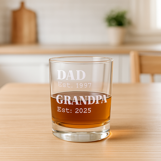 Dad to Grandpa Establishing Years Engraved Whiskey Glass