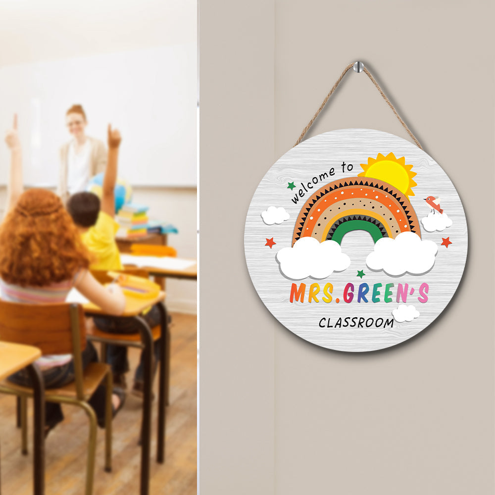 Classroom with Personalized Teacher's Rainbow Wooden Door Sign