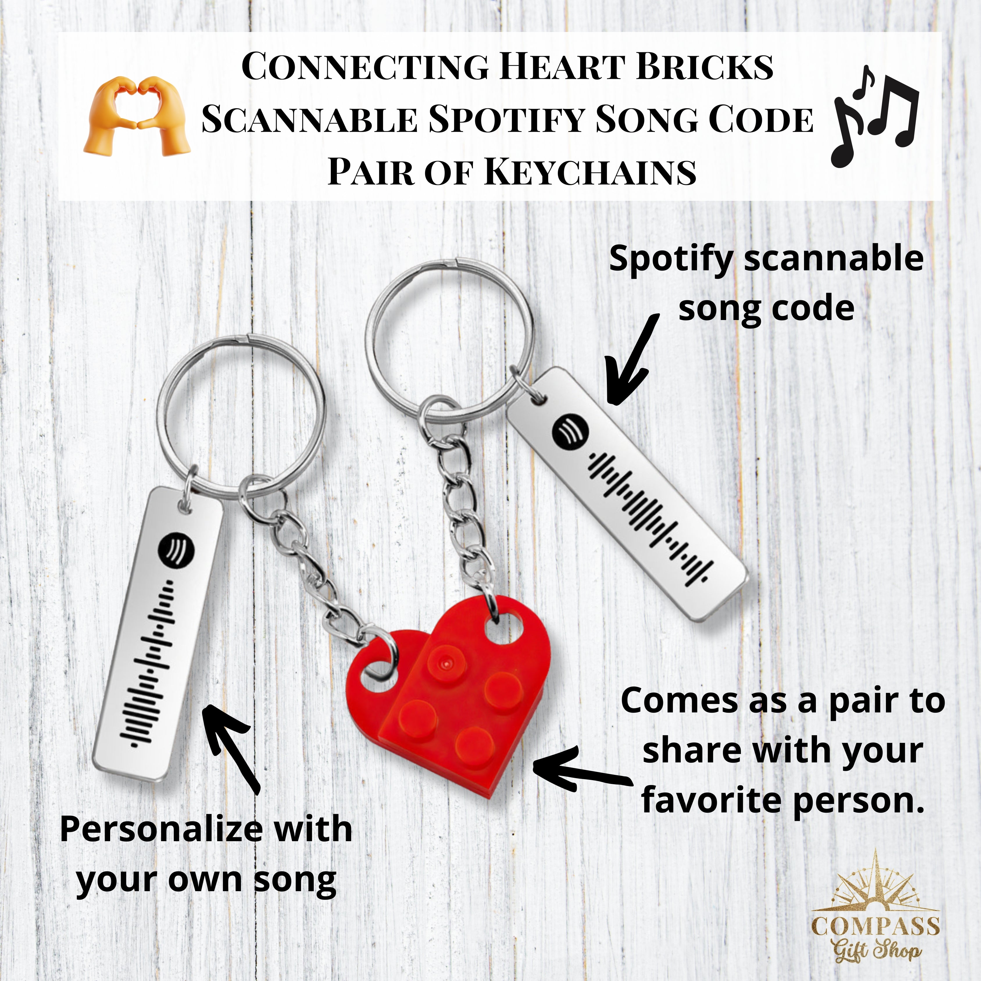 Connecting Heart Bricks & Engraved Song Code Pair of Keychains for
