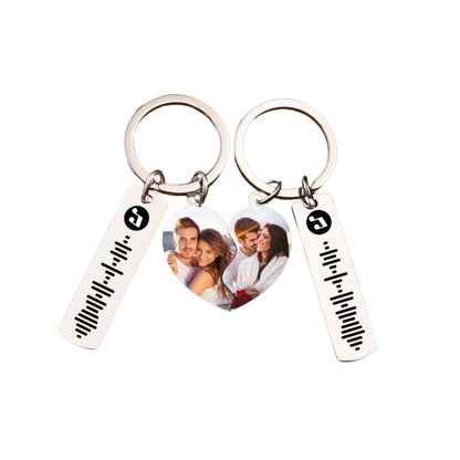 White Background of Connecting Heart Song Code & Photo Pair of Keychains
