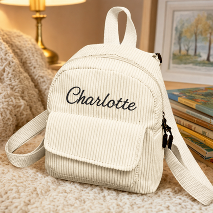 A small cream corduroy backpack with a front flap pocket and the name 'Charlotte' embroidered in black script on the front. The backpack is styled on a beige textured blanket with books and a lamp in the background.