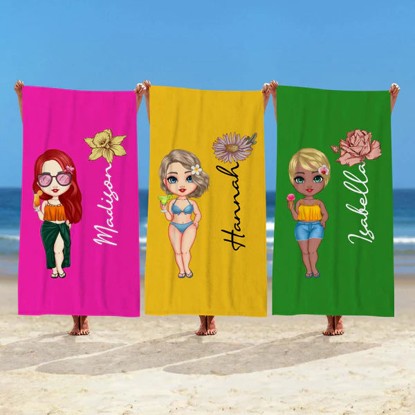 Custom Cartoon with Birth Flower Vacation Beach Towel Three Multicolor Towels